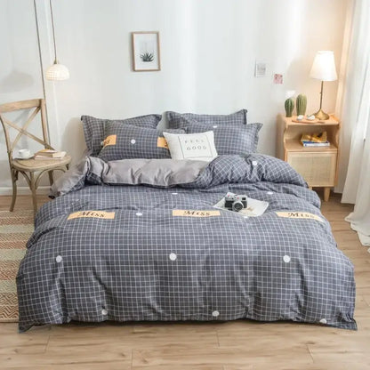Gray and white checkered duvet cover set with beige miss patches in decorbites cartoon print bedding for bedroom decor