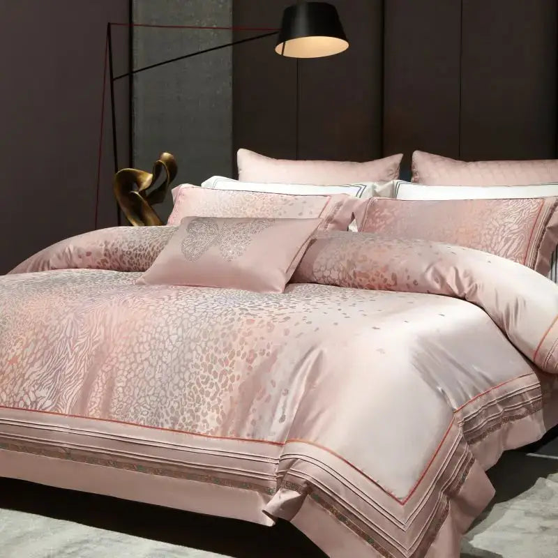Pink egyptian cotton bedding set with decorbites leopard print satin duvet cover and gold embroidered trim