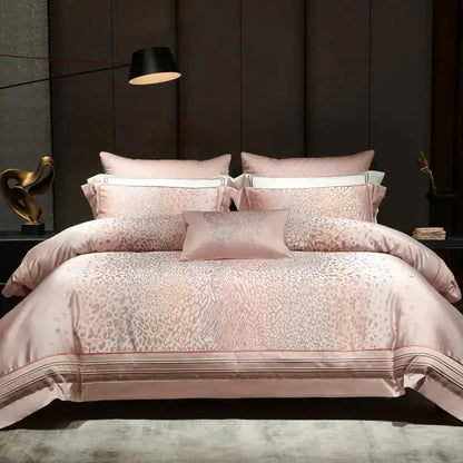 Pink satin egyptian cotton bedding set with subtle decorbites leopard print and elegant gold striped border