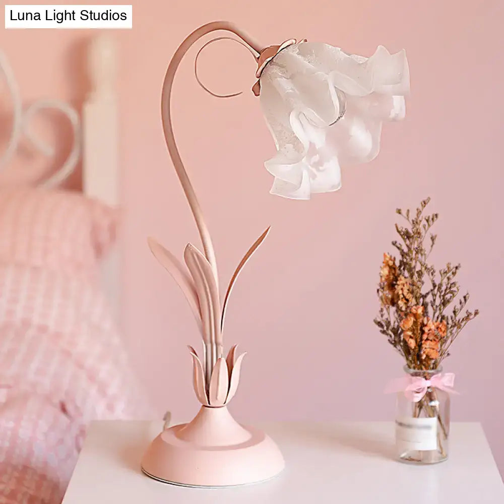 Pink lily table lamp with delicate pink metallic flower design and opal glass fabric shade for bedroom nightstand lighting