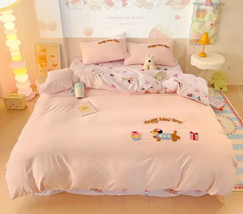Pastel pink happy new year bedding set with cloud cotton cartoon dog and gift motifs by decorbites cloud cotton