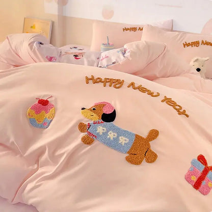 Pink new year dog cotton bedding set featuring embroidered cartoon dog in blue sweater with happy new year text