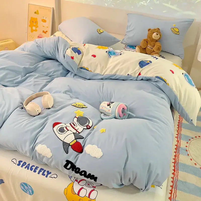 Light blue astronaut-themed cotton bedding set with embroidered rocket and cloud designs from decorbites cotton bedding
