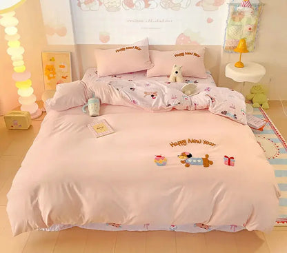 Pastel pink happy new year cotton bedding set with cartoon dog and gift motifs from decorbites cotton bedding collection