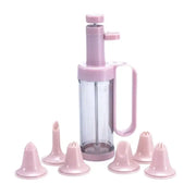 Pink plastic cream decorating gun with clear body handle and multiple nozzles for cake decorating use