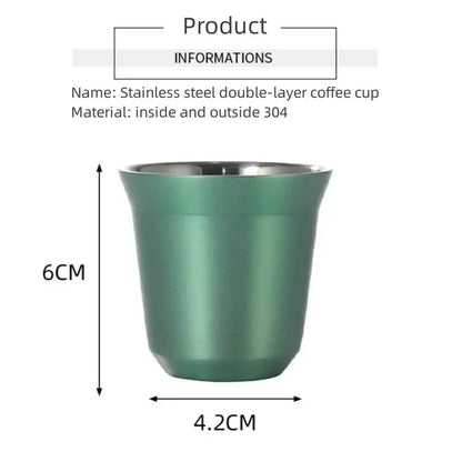 A sleek matte green stainless steel double wall espresso mug with a polished metallic rim from a kitchen set of 3