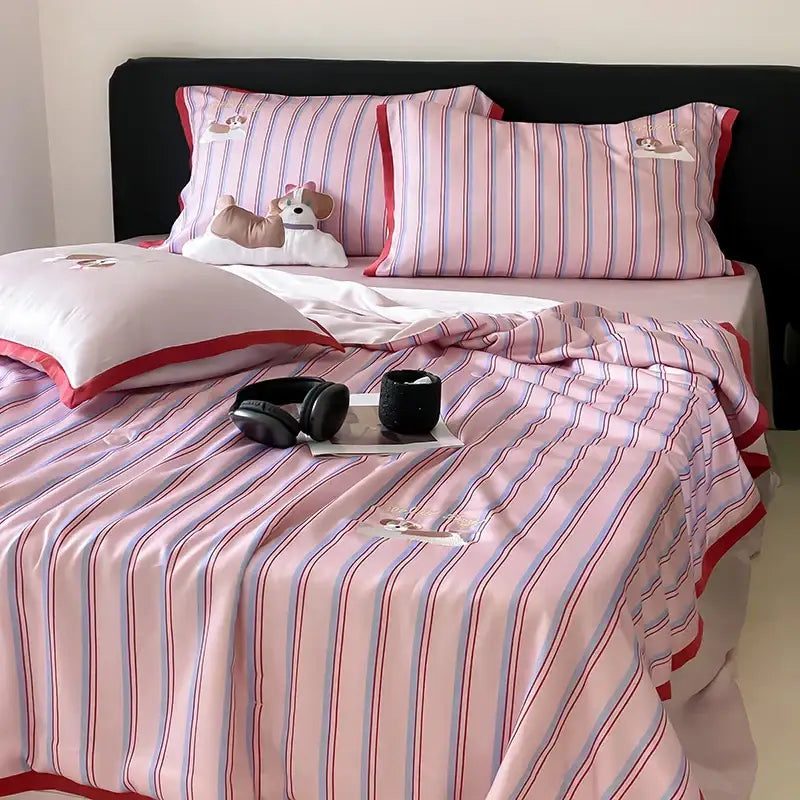 Pink and red striped cool lyocell fiber blanket set with embroidered dog motifs for bedroom decorbites cool lyocell design