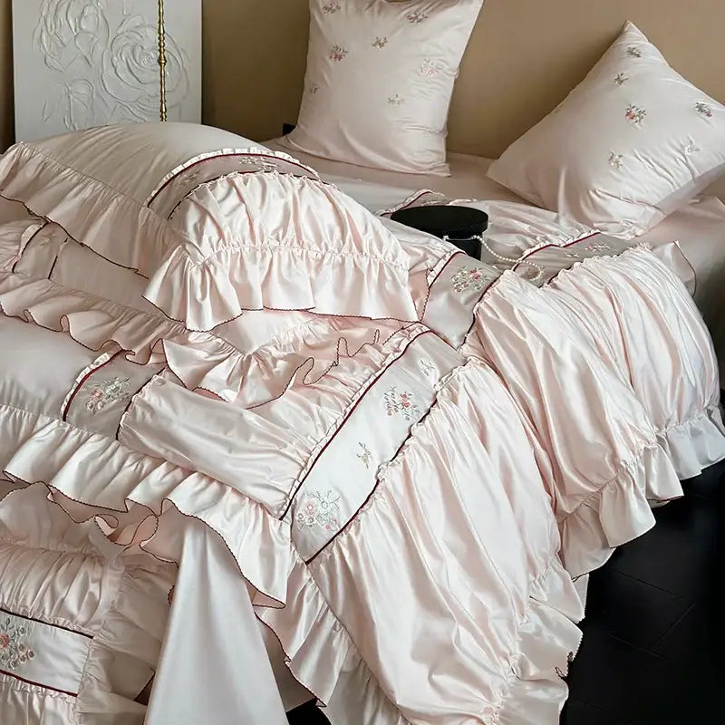 Pink satin embroidery lace ruffles bedding set with delicate floral design made from decorbites 1000tc cotton fabric