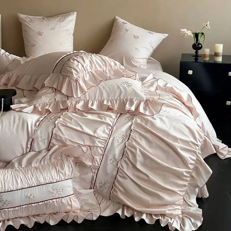 Pink satin embroidery lace ruffles bedding set with delicate floral embroidery made from decorbites 1000tc cotton