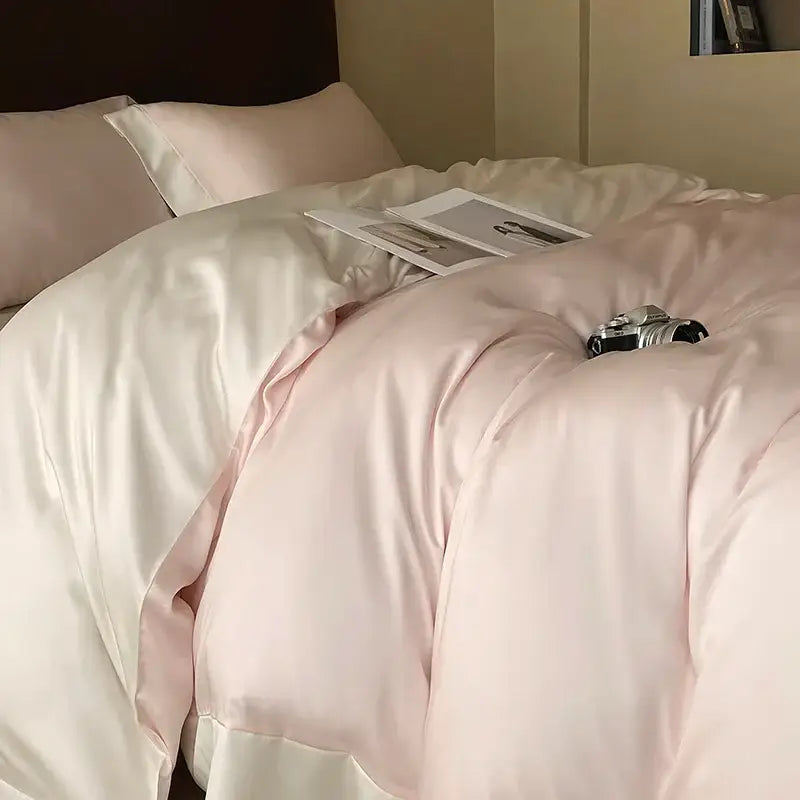A blush pink satin duvet cover bedding set made from eucalyptus fiber with a smooth glossy finish for bedroom luxury