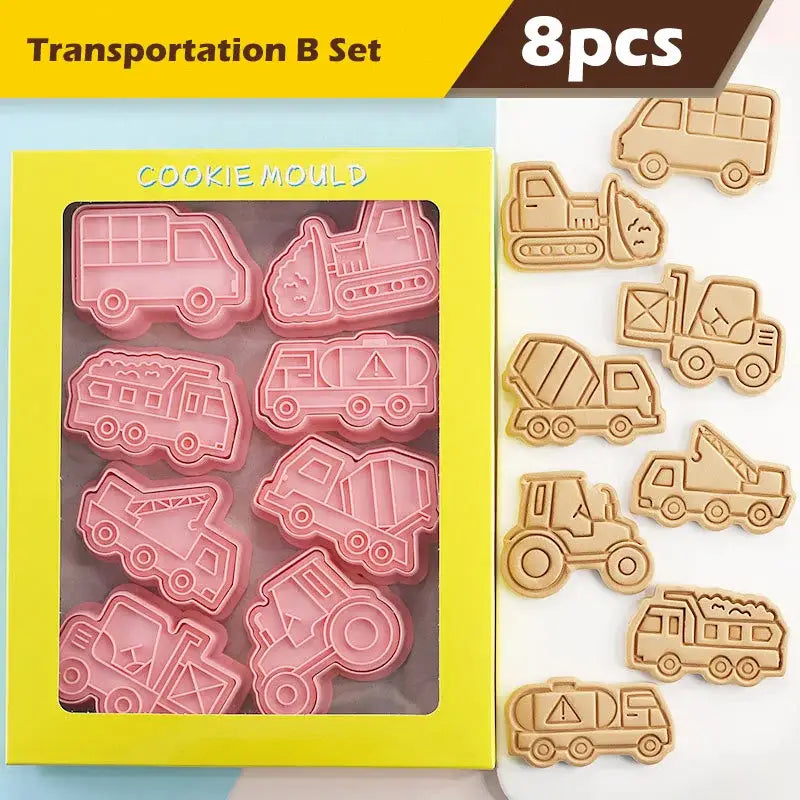 Set of eight pink and beige silicone truck cookie cutters set shaped like various vehicle and aircraft designs