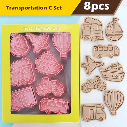 Set of eight pink and beige silicone truck cookie cutters cookie cutters set shaped like various vehicles for baking