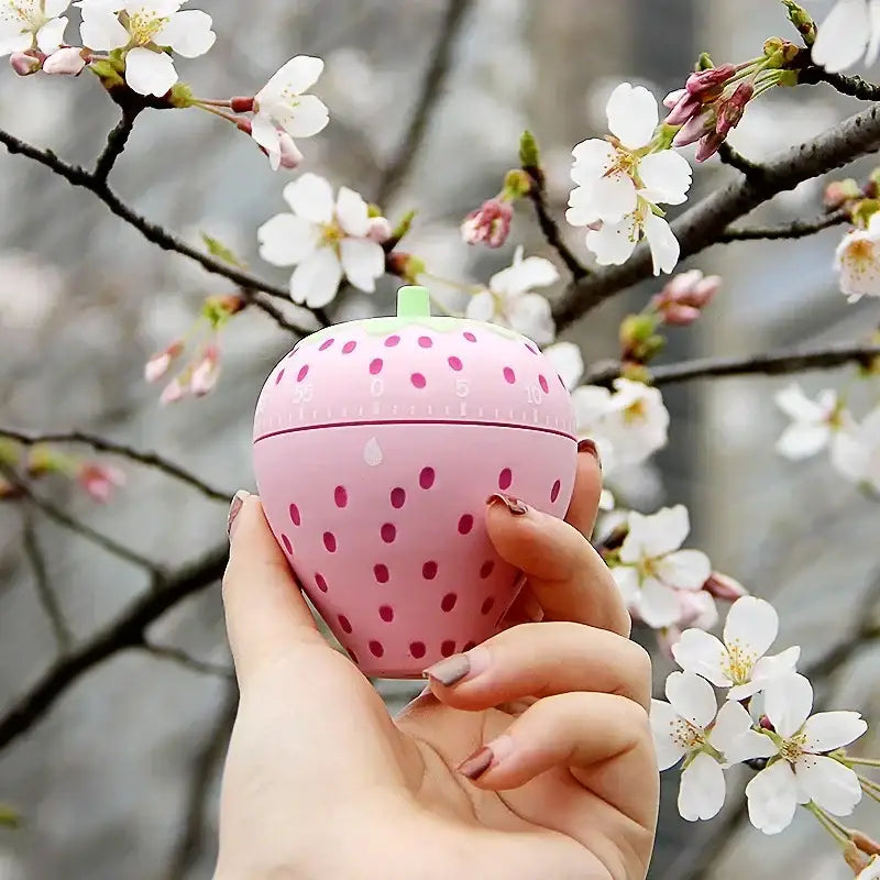 Pink strawberry cartoon cake kitchen timer with dotted pattern and green stem for cake kitchen use