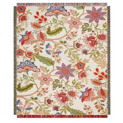 Cream-colored woven tapestry with vibrant floral pattern on pink strawberry knitted blanket decorbites cat strawberry