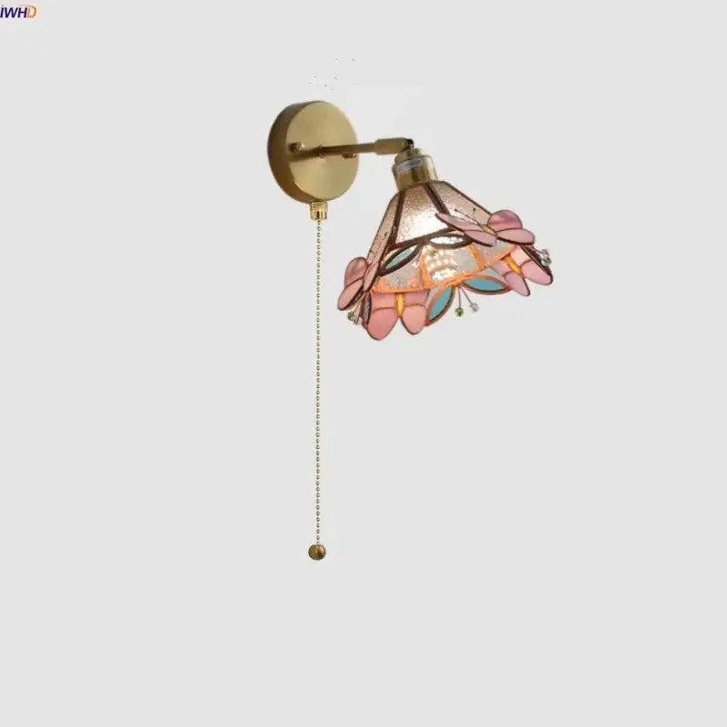 Pink and teal decorbites copper butterfly glass wall light with floral stained glass and brass finish bedroom sconce