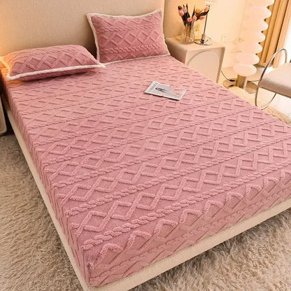 Pink textured cozy tafu fleece queen bedspread with diamond cable knit pattern and soft plush material for bedroom decorbites cozy tafu