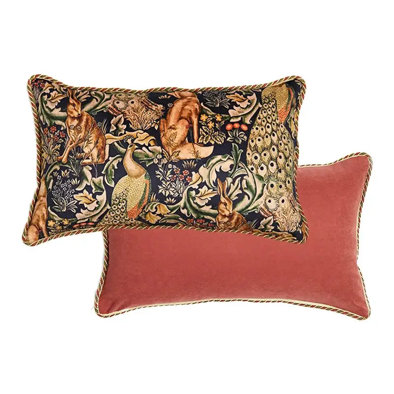 Rectangular cat print velvet cushion cover with pink tiger design and intricate tapestry on dark background with braided trim