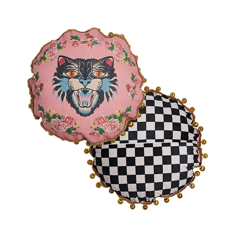 Pink tiger cat print velvet cushion cover featuring a bold black and blue cat print with gold pom-poms living room tassels
