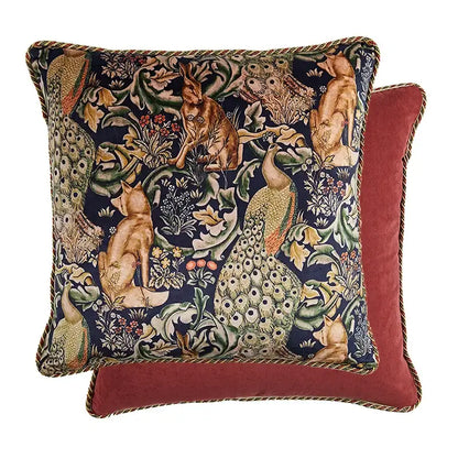 Square cushion cover with peacock and fox tapestry design on navy velvet featuring cat print velvet and gold trim tassels