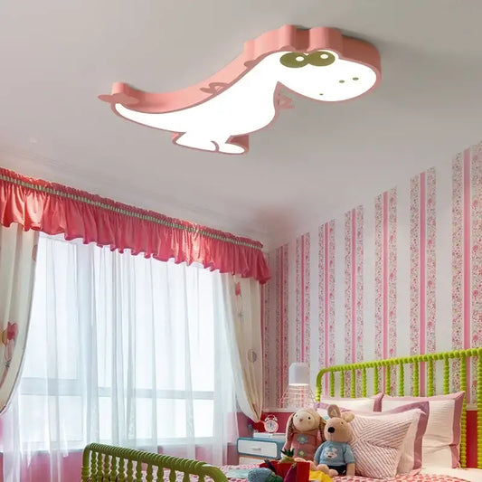 Pink and white decorbites dinosaur led ceiling lamp with green eyes illuminated body for kids bedroom ceiling lamp