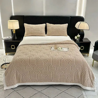Beige textured plush blanket with double layered flannel arch and white fleece border for bedroom use