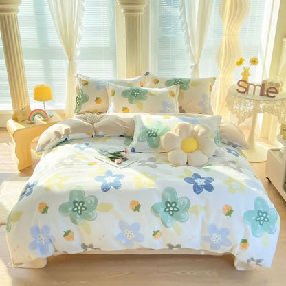Floral-patterned white bedding set with cotton printed soft pastel flowers in blue green and yellow decorbites cotton printed