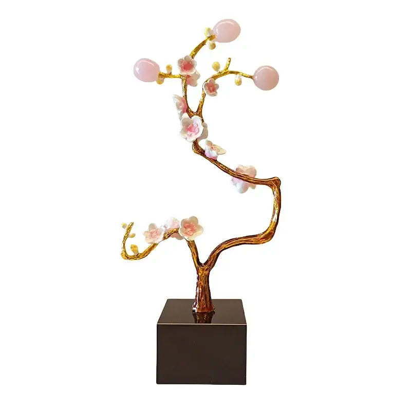 Delicate pink and white golden tree crystal ball decorbites golden tree sculpture with translucent stones on black base