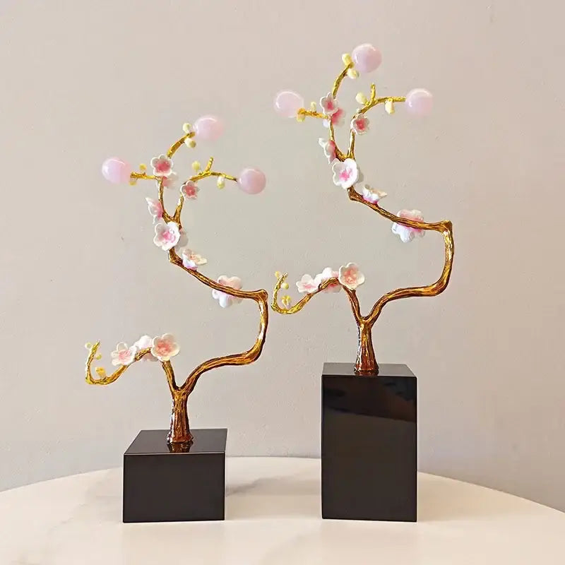 Pink and white golden tree crystal ball statue with crystal flowers on black bases decorbites golden tree decor