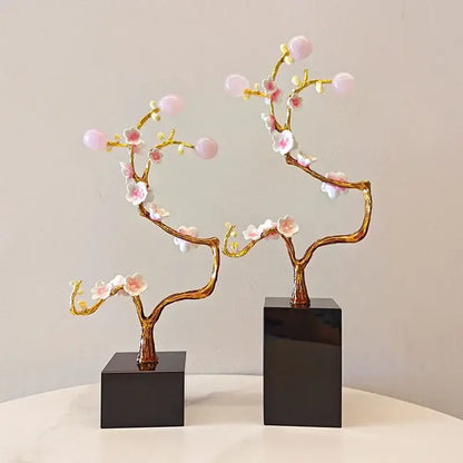 Pink and white golden tree crystal ball statue with crystal flowers on black bases decorbites golden tree decor