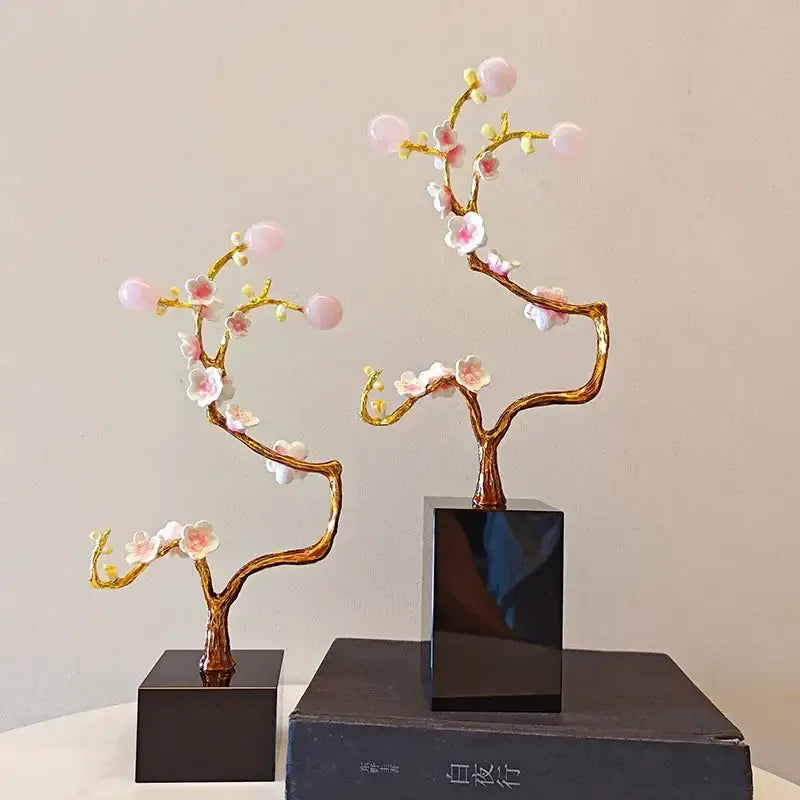 Two pink and white resin blossom decorbites golden tree crystal sculptures with gold-toned branches on black bases for living room decor