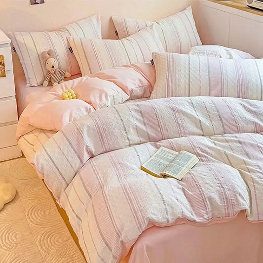 Pastel pink and white striped jacquard cotton bedding set featuring subtle textured weave by decorbites jacquard cotton