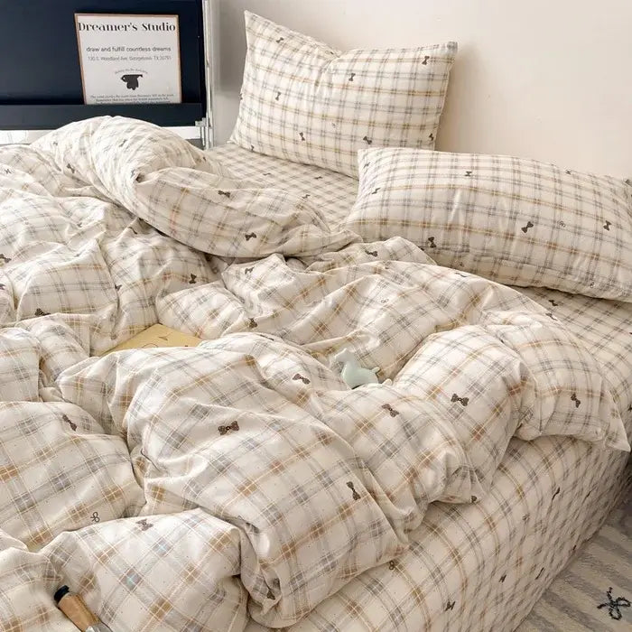 Plaid cream and charcoal cotton grid bedding set in beige cream and brown tones with small bowtie prints by decorbites cotton grid