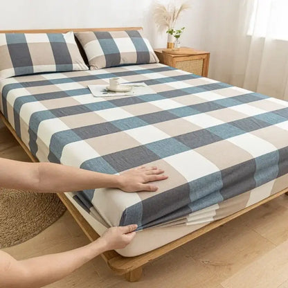 Blue gray and white checkered cotton fitted sheet with soft texture for bedroom decorbites cotton fitted sheet