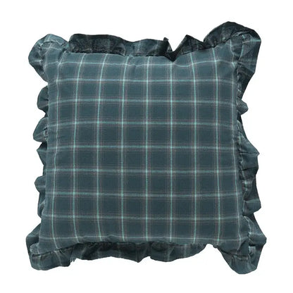 A square dark teal and light blue plaid cotton coffee black cushion cover with ruffled edges for living room decorbites decor