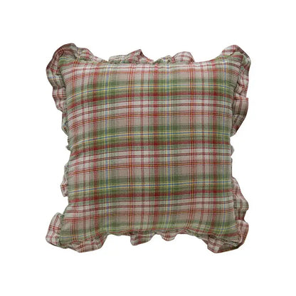 A square cotton coffee black cushion cover with muted red and green plaid pattern and delicate ruffled edges for decorbites decor