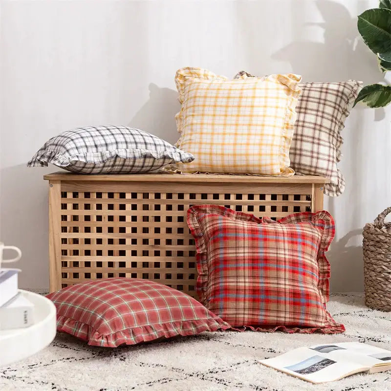 Plaid ruffled cotton coffee black cushion cover in red yellow and black and white patterns for living room decorbites decor