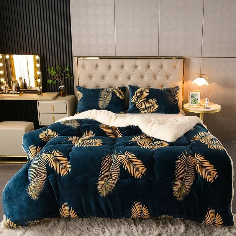 Deep navy velvet comforter with golden palm leaf pattern and plush white fleece lining for winter warmth