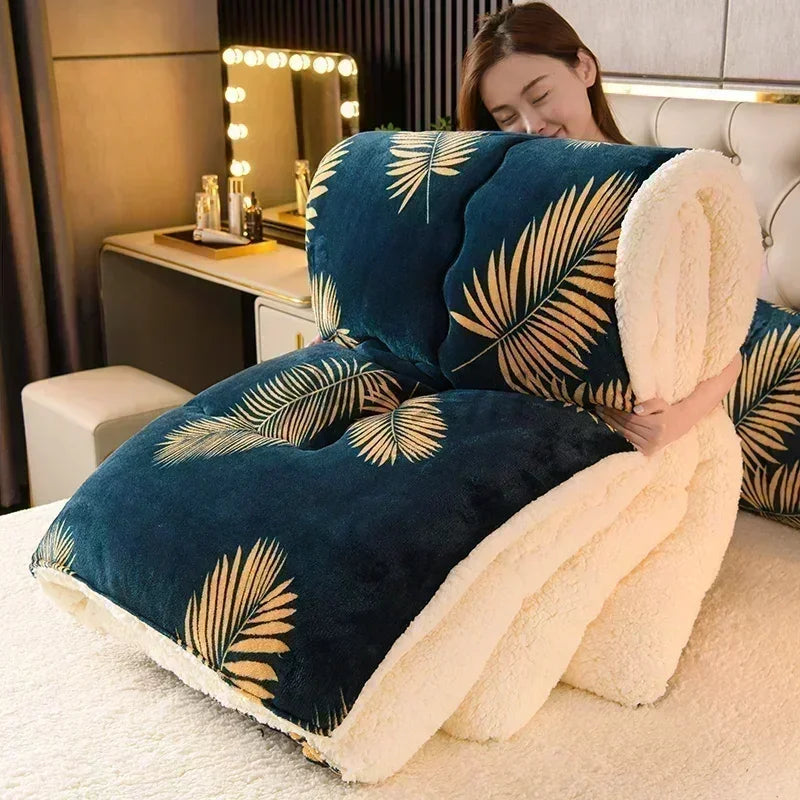 A plush navy blue and cream fleece blanket with golden palm leaf pattern and soft sherpa lining for winter warmth
