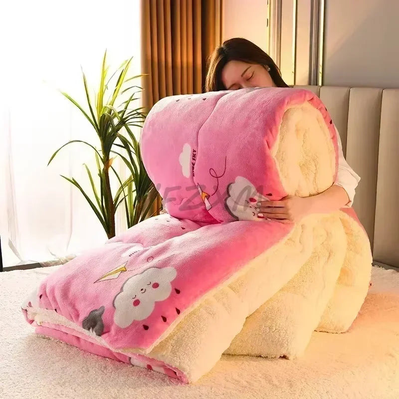 Plaid super thick warm blanket in pink and cream with cartoon cloud and raindrop designs made of milk fleece