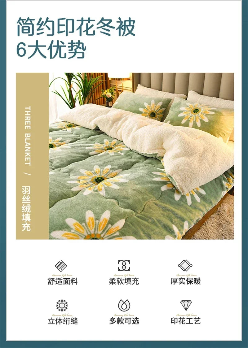 A soft mint green quilt with plush texture and embroidered yellow daisies for warm winter autumn use