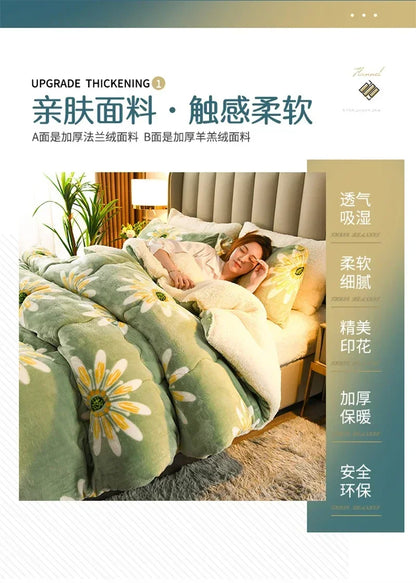 A plush green plaid super thick warm milk fleece comforter with soft fuzzy texture and embroidered yellow daisies