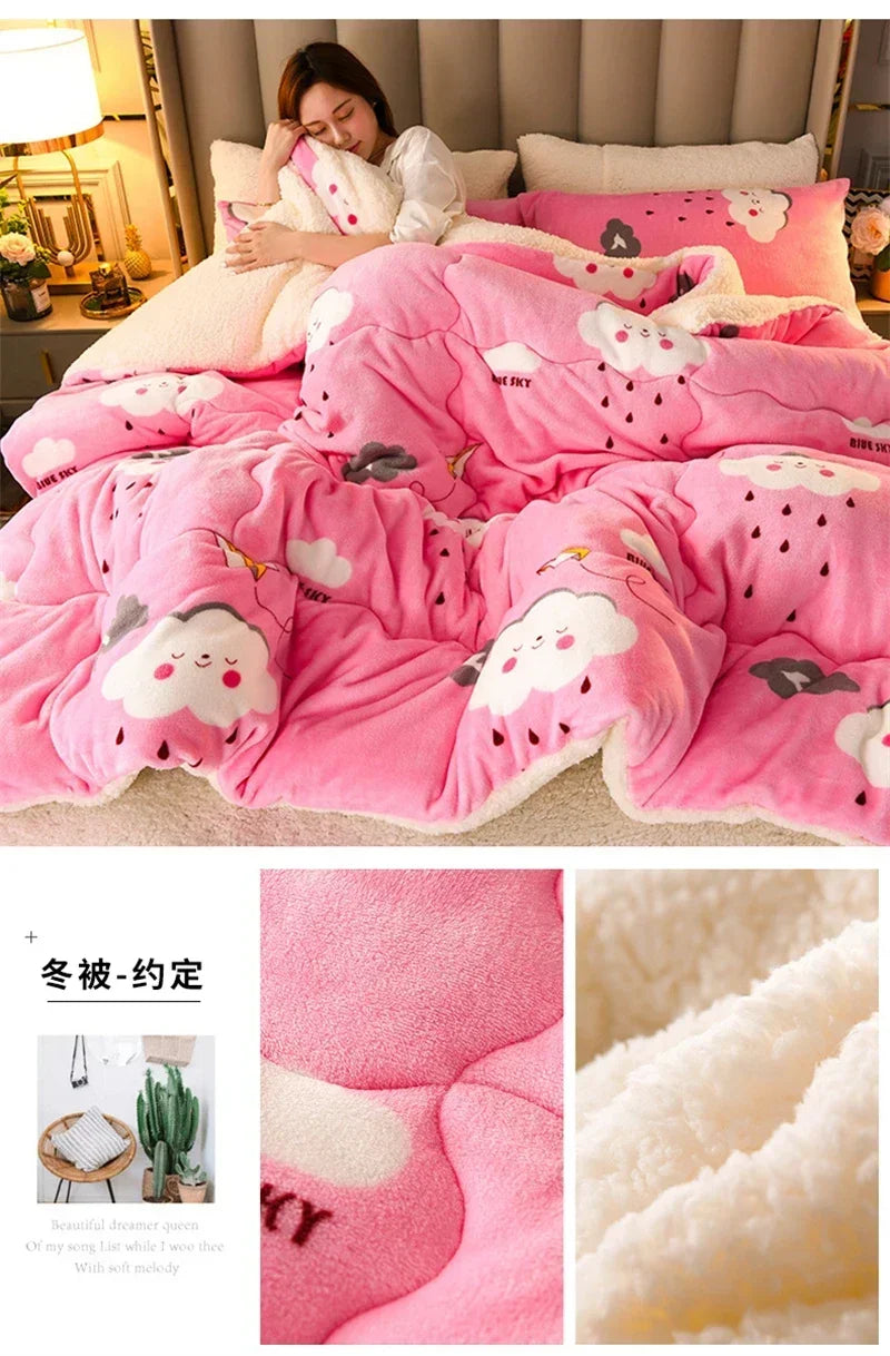 Pink fluffy quilt with cute cartoon cloud and watermelon patterns featuring soft white sherpa lining for warmth