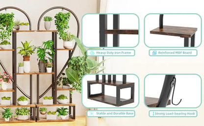 Decorbites 6-tier heart shaped plant display stand with heavy-duty iron frame and reinforced mdf shelves in black