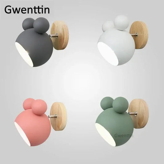 Playful pastel cartoon mouse wall lamp with wooden backplates in soft matte gray, perfect wall lamp decorbites cartoon mouse design