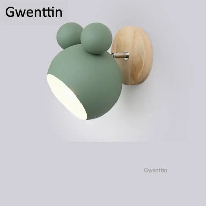 Mint green matte-finished cartoon mouse wall lamp with light wood mounting plate for kids bedroom decorbites cartoon mouse
