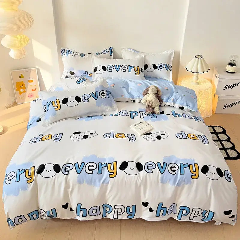 Playful white and light blue dog print bedding set featuring cartoon dog faces hearts and every day lettering design