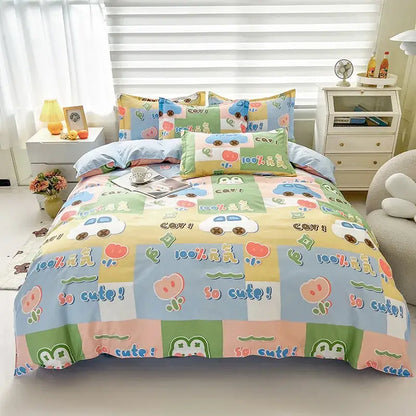 Pastel-colored cartoon-themed cotton bedding set with playful car pig and frog designs and a dog print bedding pattern
