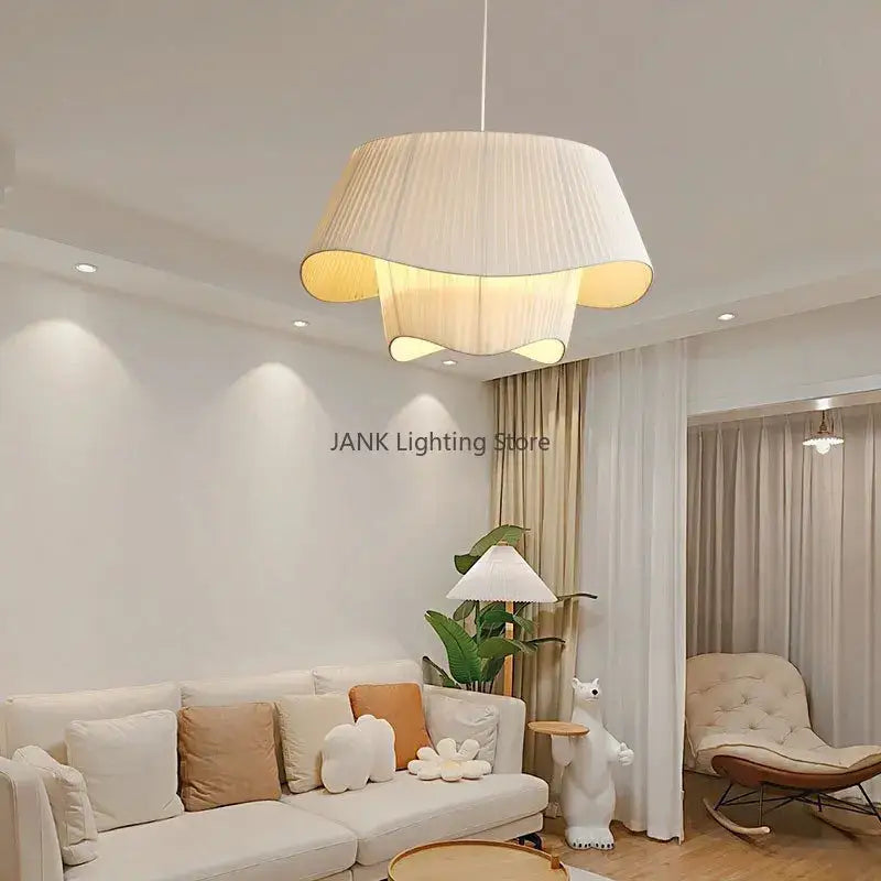 Cream white double pendant lamp featuring cream-colored pleated fabric with a modern layered design for living room decorbites cream white