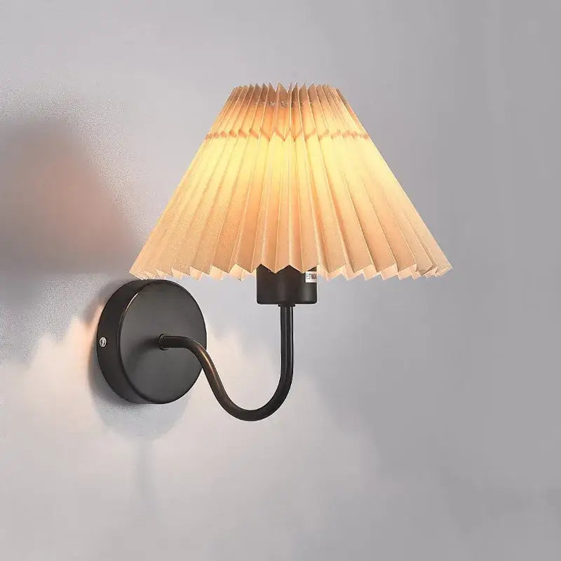 Black metal wall lamp with pleated warm-toned paper cloth lampshade led for bedroom living room decorbites cloth lampshade