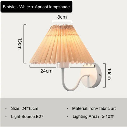 White wall lamp with pleated apricot decorbites cloth lampshade and iron base for bedroom living room use